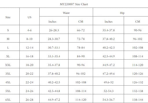 Waist Away by Moojy "2 in 1 Magic Shaper" sizing chart
