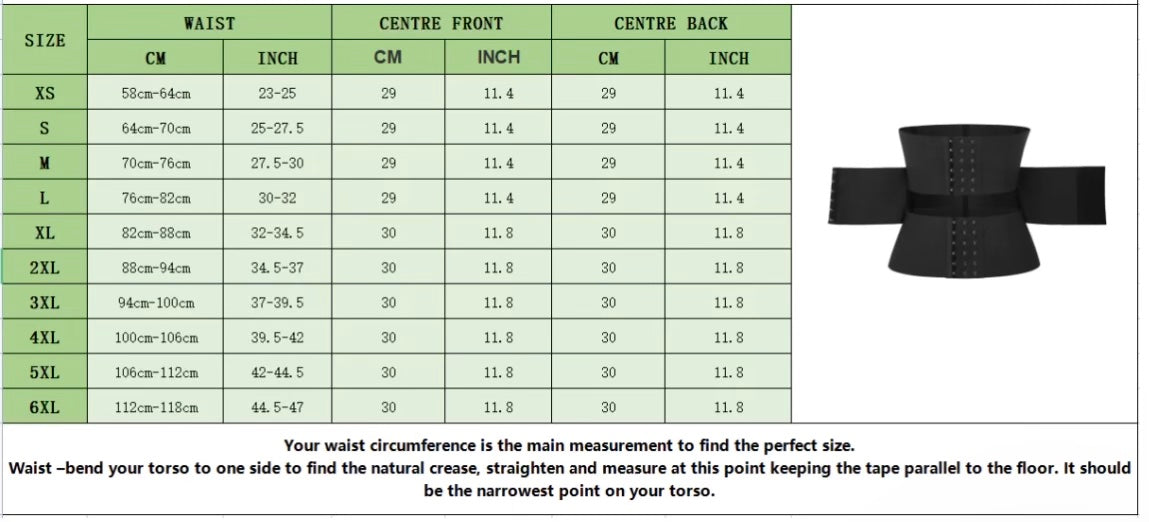 Waist Away by Moojy "Abdominal Control Band" sizing chart